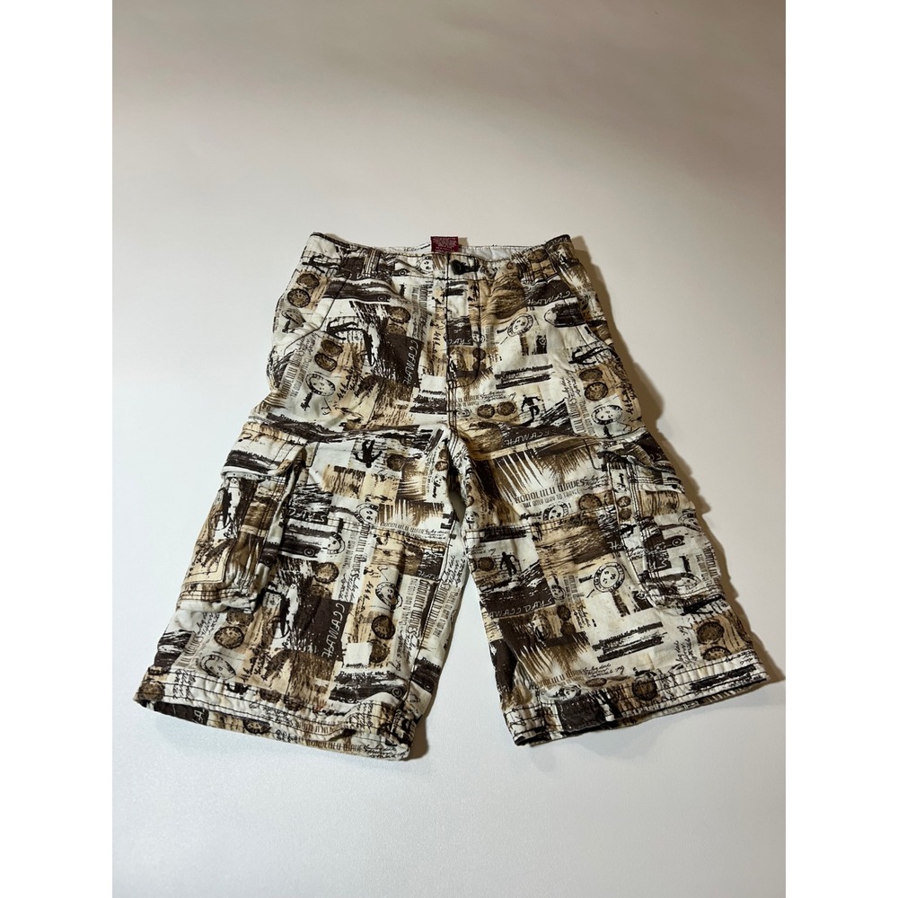 Faded Glory Cargo Shorts Boys Size 12 Brown Hawaiian Surf Print Cotton